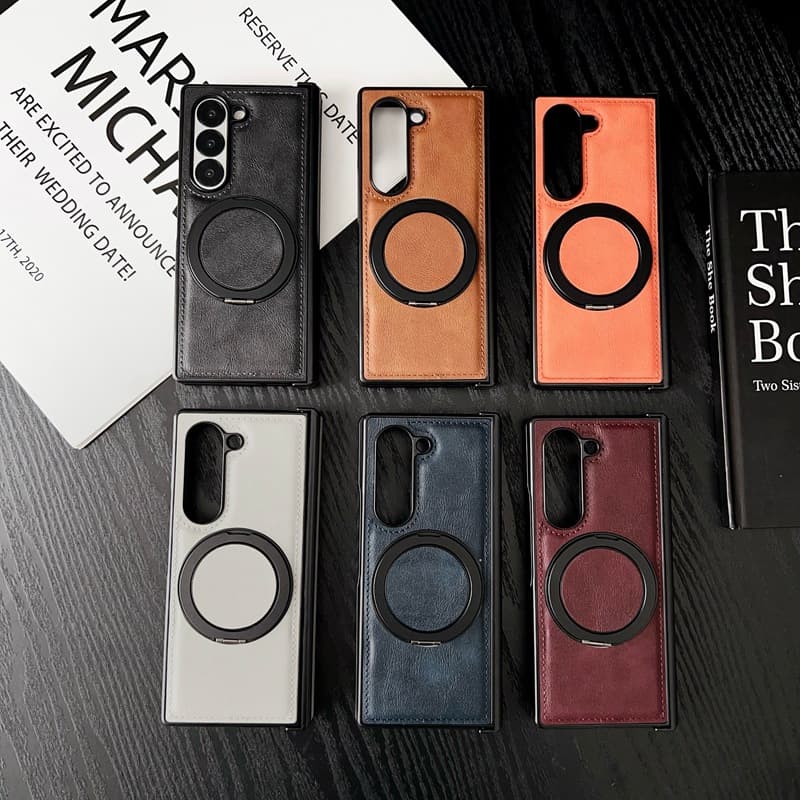 Compatible with Samsung Z Fold6/5 Retro Leather Texture Rotating Stand Phone Case Full Coverage Hinge Z Fold3/4 Shockproof Case