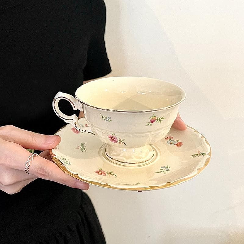 ChubbyCat French Vintage Romantic Afternoon Tea Cup and Saucer Set with Floral Ceramic Cups