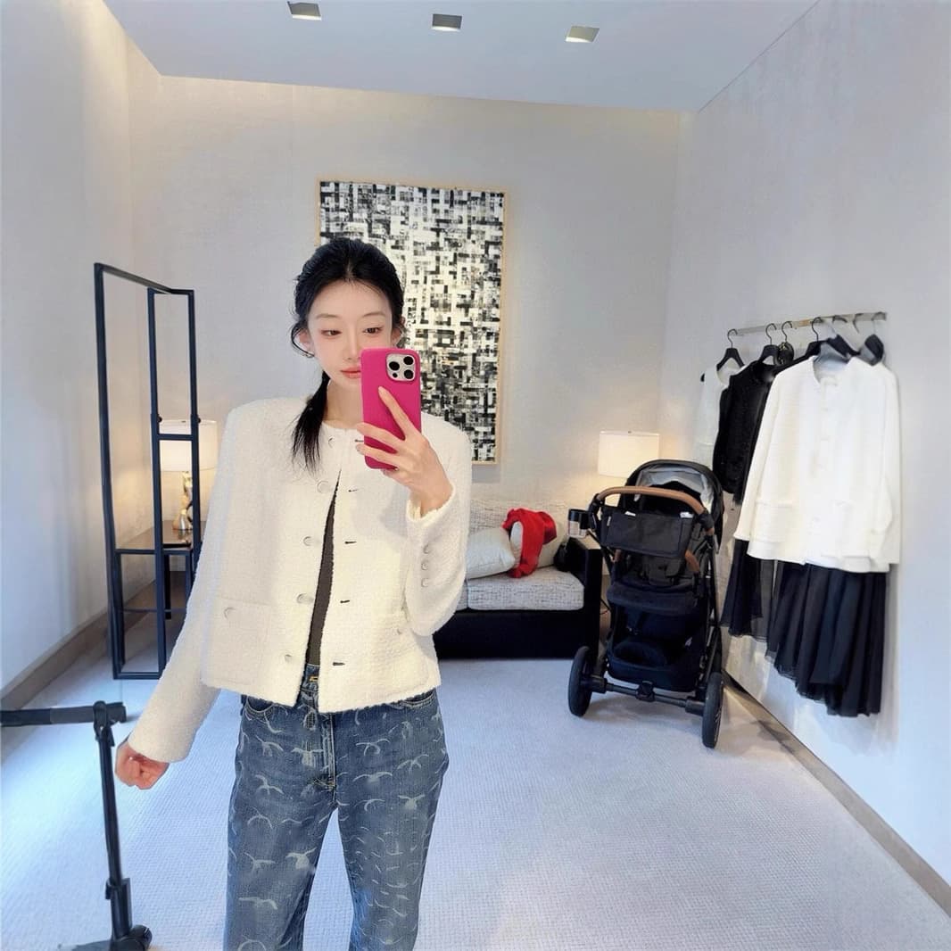 2025 Early Spring New Nanyou Cha Celebrity Elegant Round Neck Short Double Pocket Tweed Jacket with Skirt and Pants Set