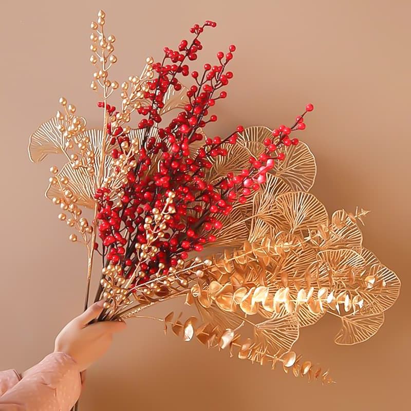 Red Berry Artificial Flowers Lucky Fruit Faux Flowers Shopping Mall Wedding Blessing Bucket Gold Ginkgo Leaves Eucalyptus Love Grass
