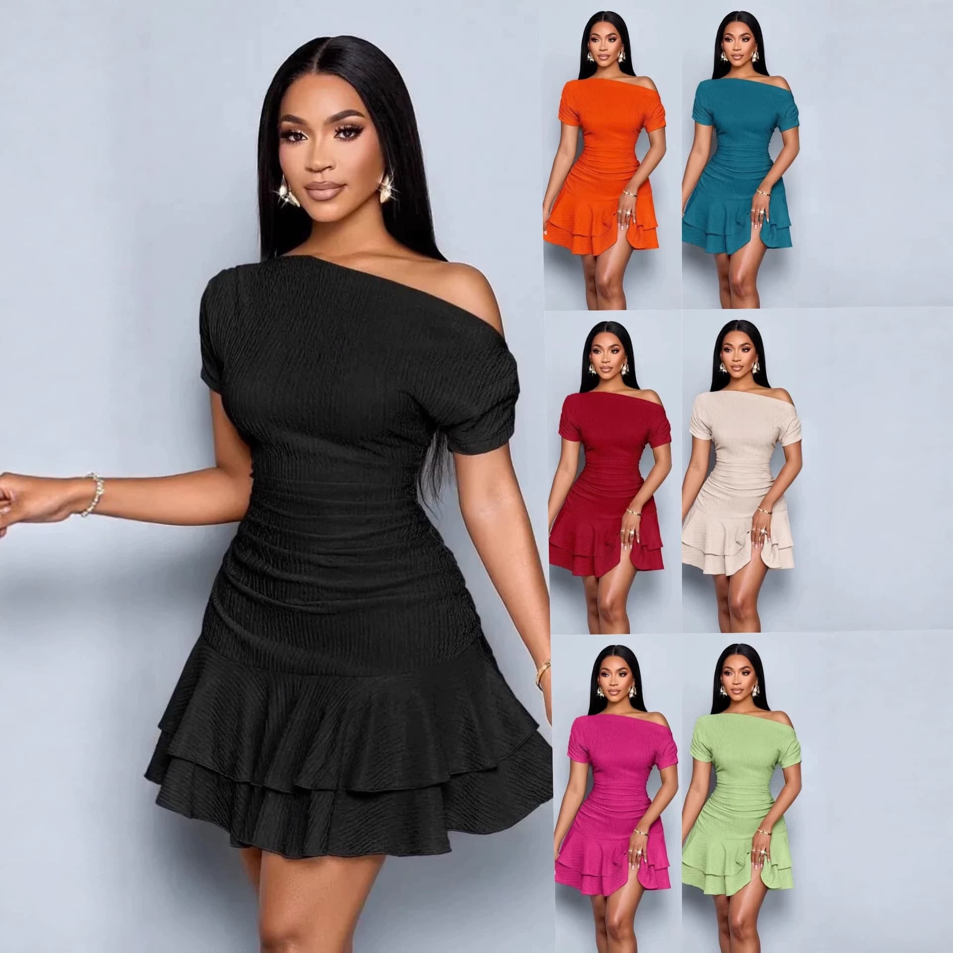 Cross-Border Foreign Trade New Dress Amazon's Hot-Selling Summer Women's Clothing Solid Color One-Shoulder Slim Fit Ruffle Dress