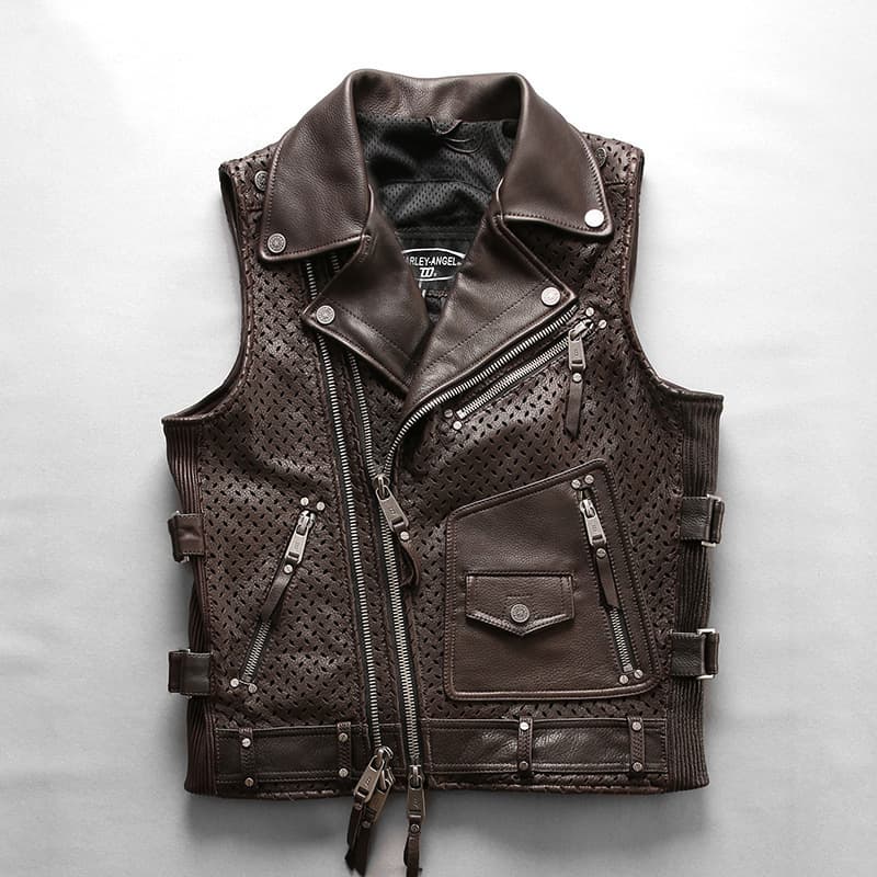 HARLEY Vest Casual Harley Davidson Genuine Leather Motorcycle Vest Men's Turn-down Collar Breathable Mesh Cowhide Vest