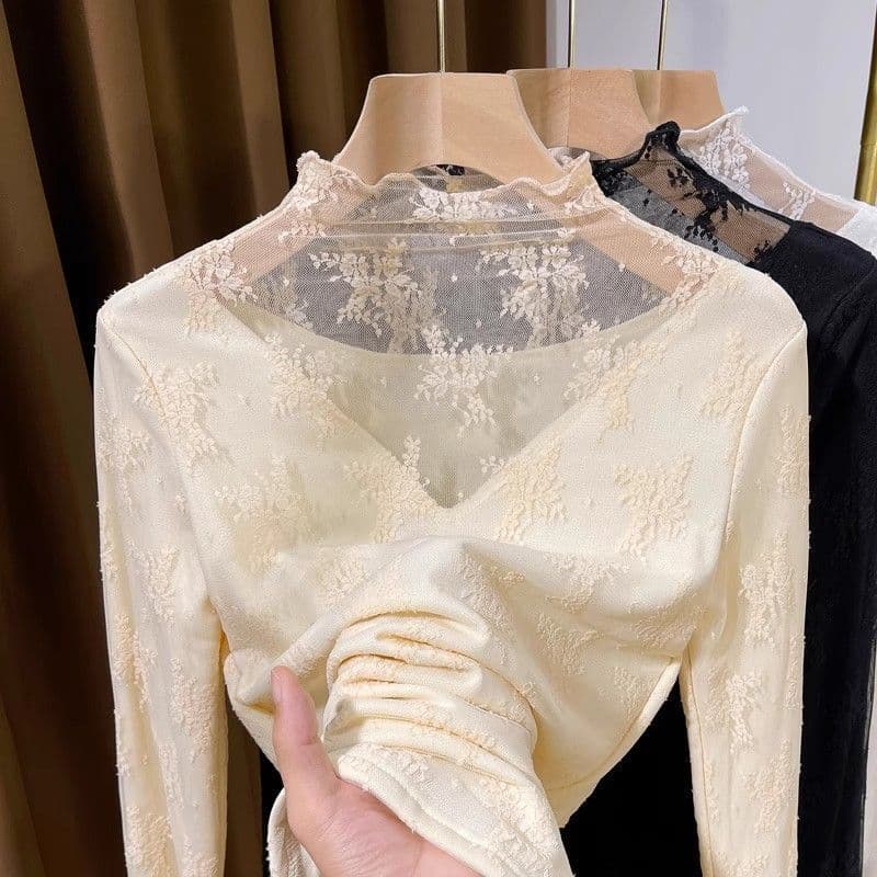 Fleece-lined High-neck Lace Undershirt Autumn Winter Fashionable Top for Layering Under Sweaters White Mesh Top for Women