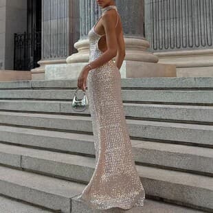 Cross-border AliExpress 2026 New European and American Fashion Plaid Mesh Halter Neck Evening Dress Slim Sexy Banquet Gown