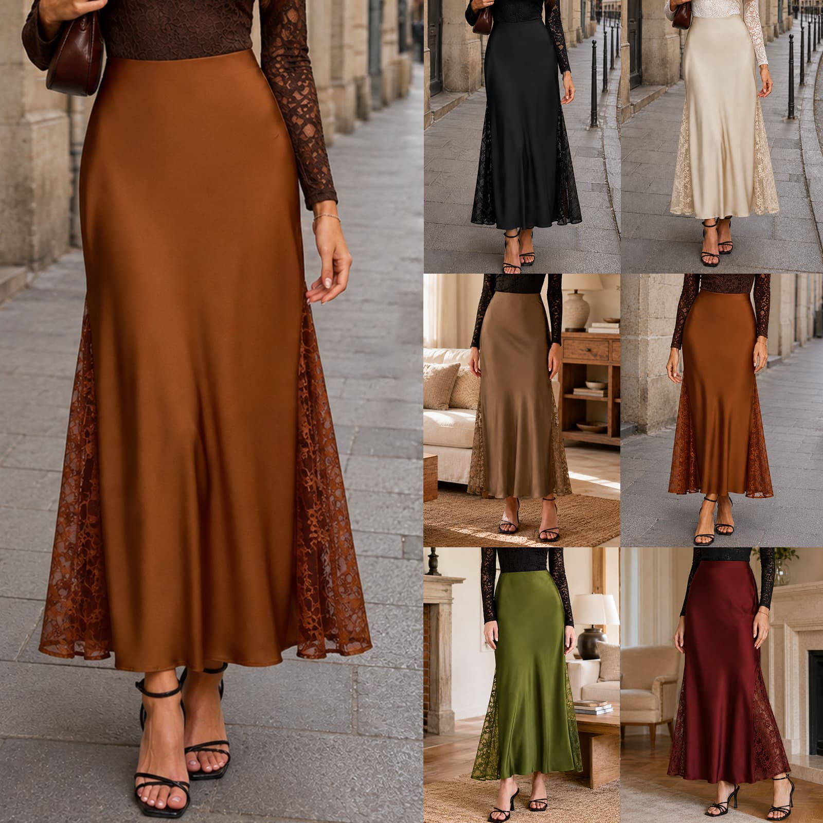 Cross-border women's side lace skirt a-line long skirt high-end satin skirt temperament high waist hip skirt