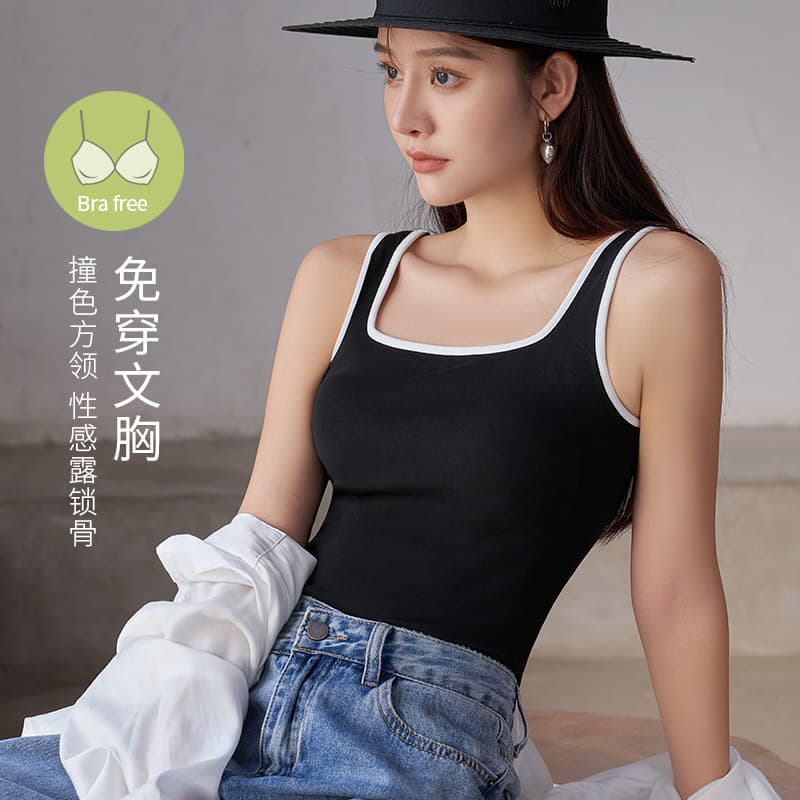 Square Neck I-Strap Tank Top Women's Suit Inner Layer Black Base Top Summer Outerwear Pure Cotton Sleeveless T-Shirt