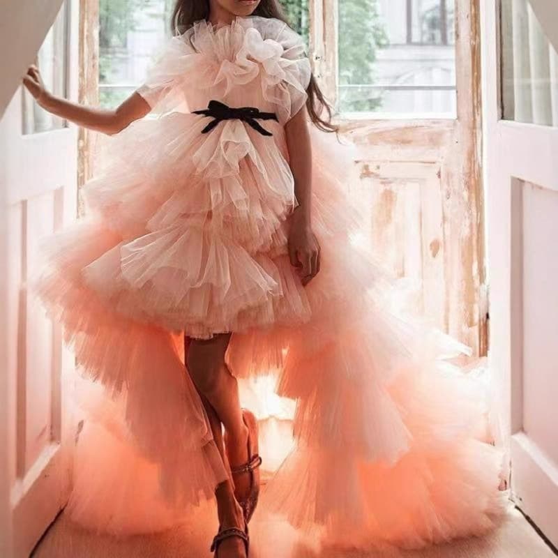 Children's catwalk dress for girls, short in front and long in back, host costume, little girl's birthday party, puffy princess dress