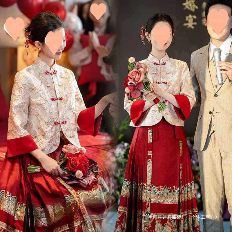 New Chinese-Style Top and Horse Face Skirt Set Wedding Spring Summer Hanfu Plus Size Toast Dress Engagement Dress Seven-Tenths