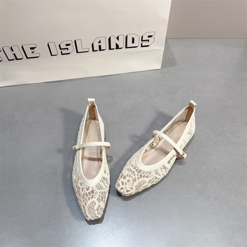 Fairy Hollow Mesh One-Strap Sandals, Shallow Mouth Summer Shoes, Square Toe, Breathable, Flat Heel, Women's Dress Shoes
