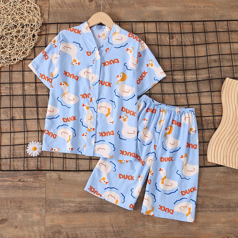 Summer Boys Thin Pajamas Children Girls Teens Cotton Silk Homewear Baby Short Sleeve Cotton Silk Set