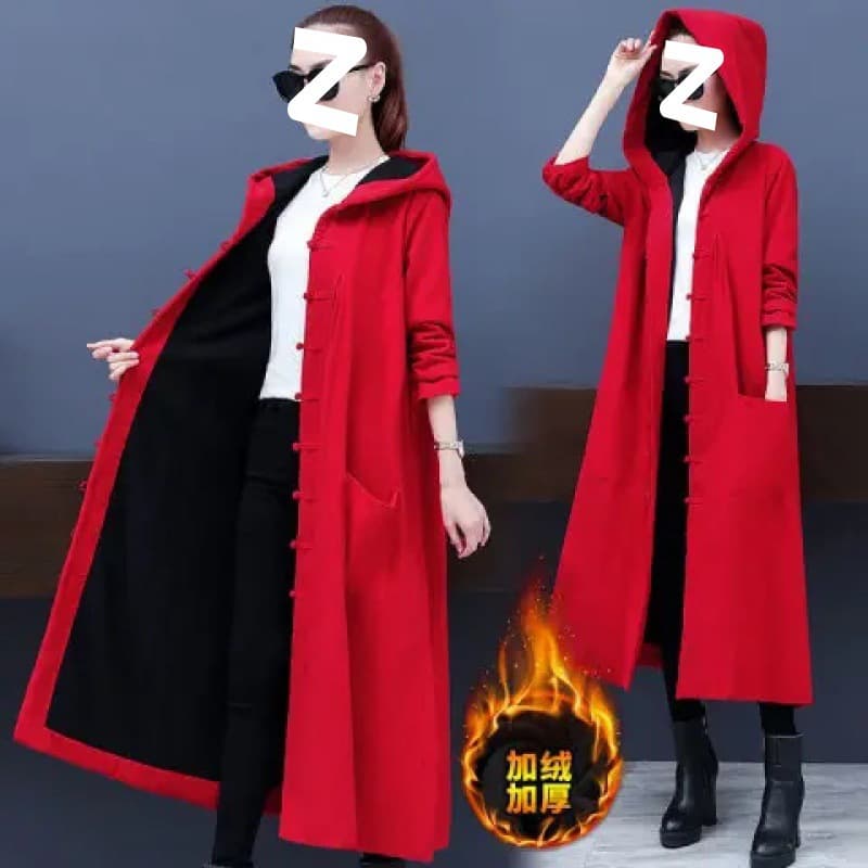 2023 New Fleece-Lined Thickened Warm Retro Ethnic Style Trench Coat for Women Autumn/Winter Long Fleece-Lined Large Size Outerwear