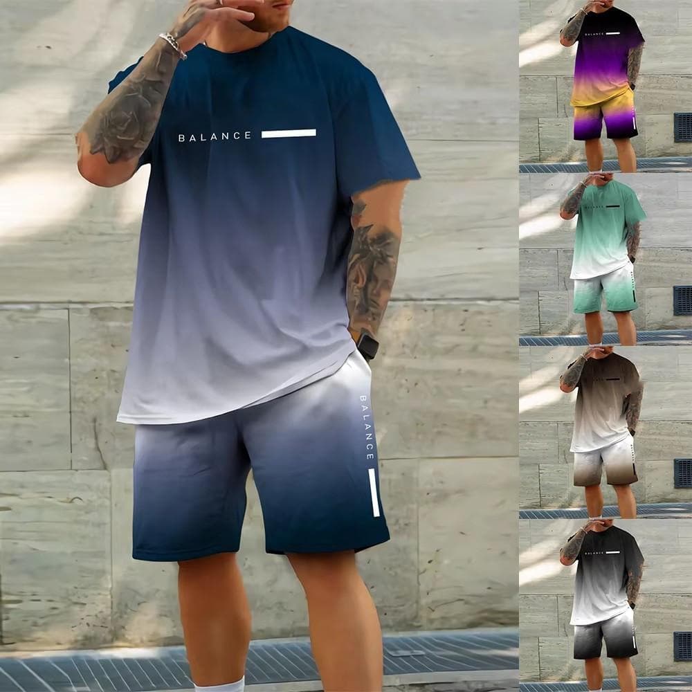 2025 New Casual Sports Short Sleeve T-Shirt for Men Summer Gradient Letter Round Neck T-Shirt and Shorts Set