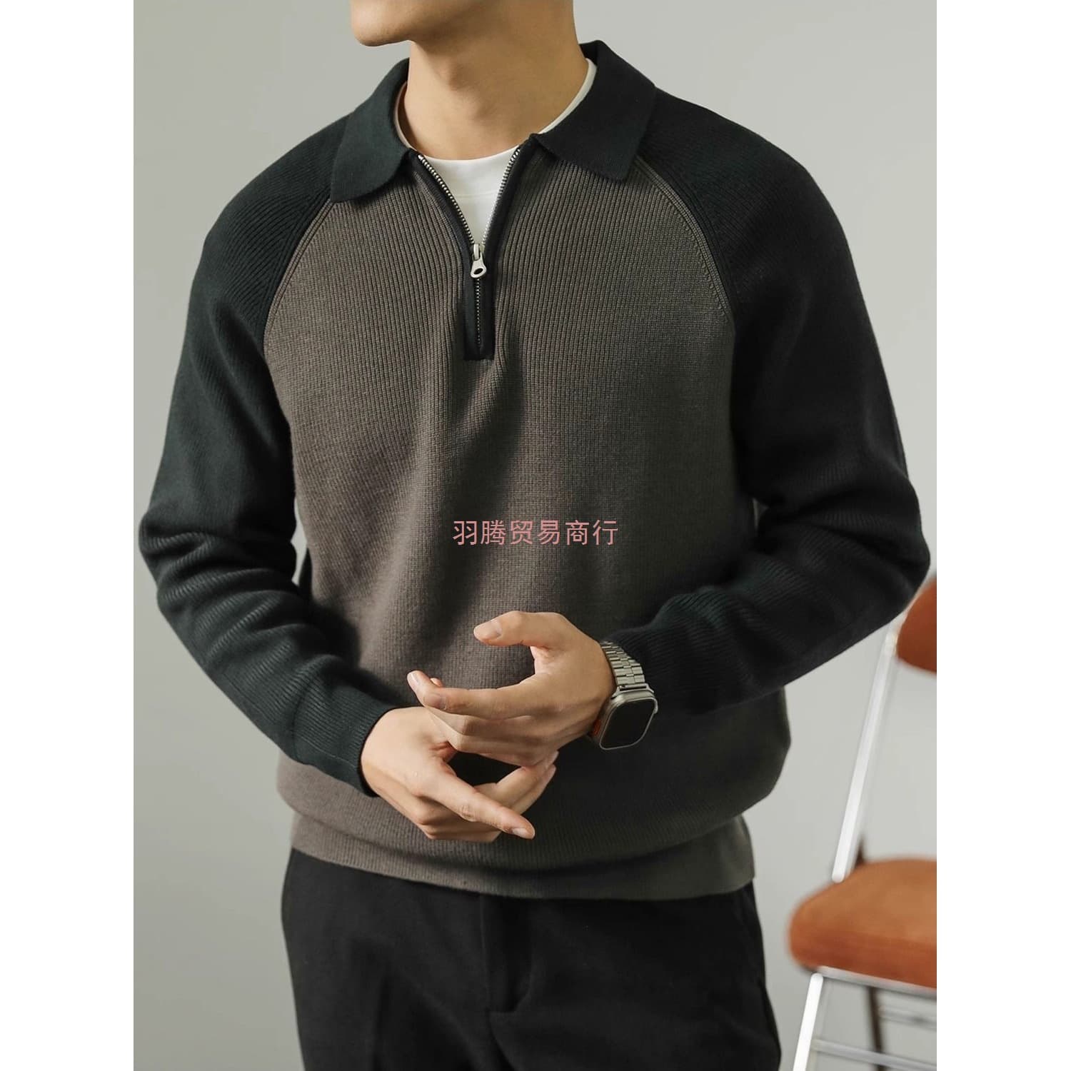 Autumn/Winter New Arrival Color Block Turn-Down Collar Half-Zip Polo Shirt Pullover Knitwear, Premium Korean Style Men's Sweater Coat