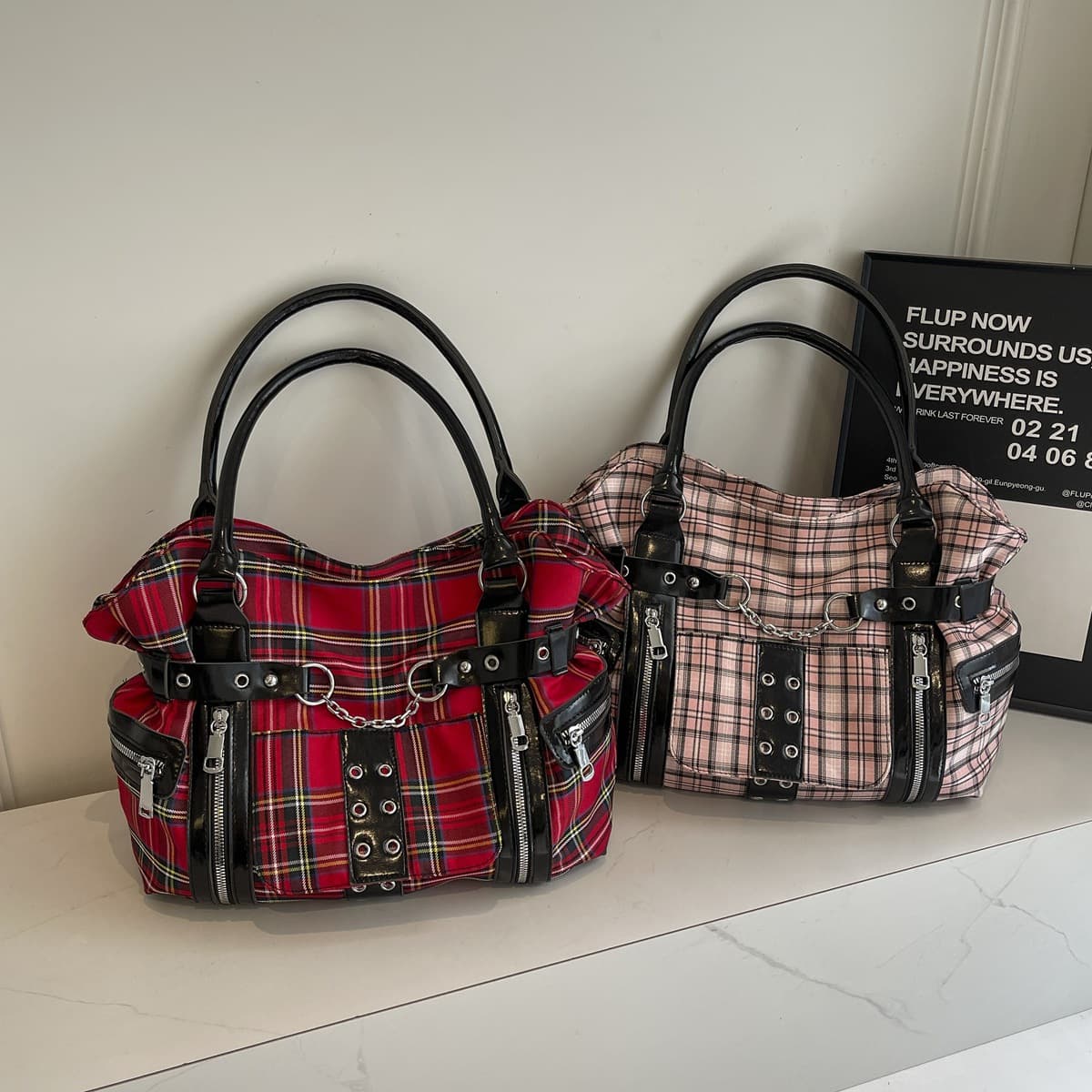 Plaid women's bag casual canvas bag Y2K hot girl style fashion large capacity niche lazy style shoulder bag tote bag