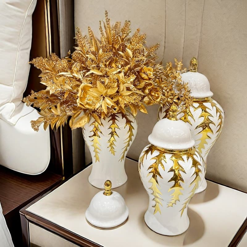 Light luxury ceramic electroplated general jar white gold vase living room flower arrangement high-end ornament European style export vase