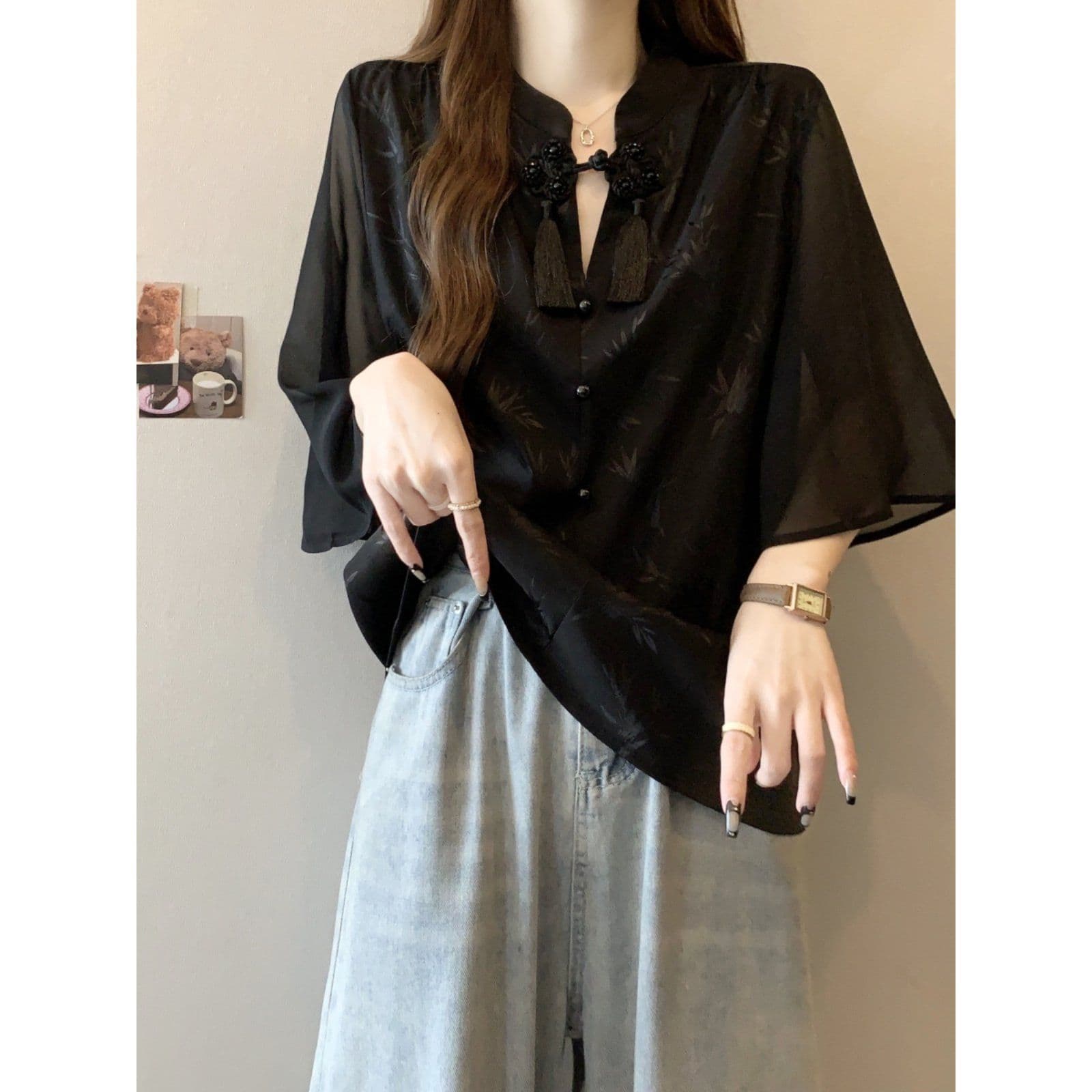 Plus Size New Chinese Style Light National Trend Acetate Short Sleeve Blouse for Women Summer, Fat MM Slimming Cover Belly Chiffon T-Shirt Top