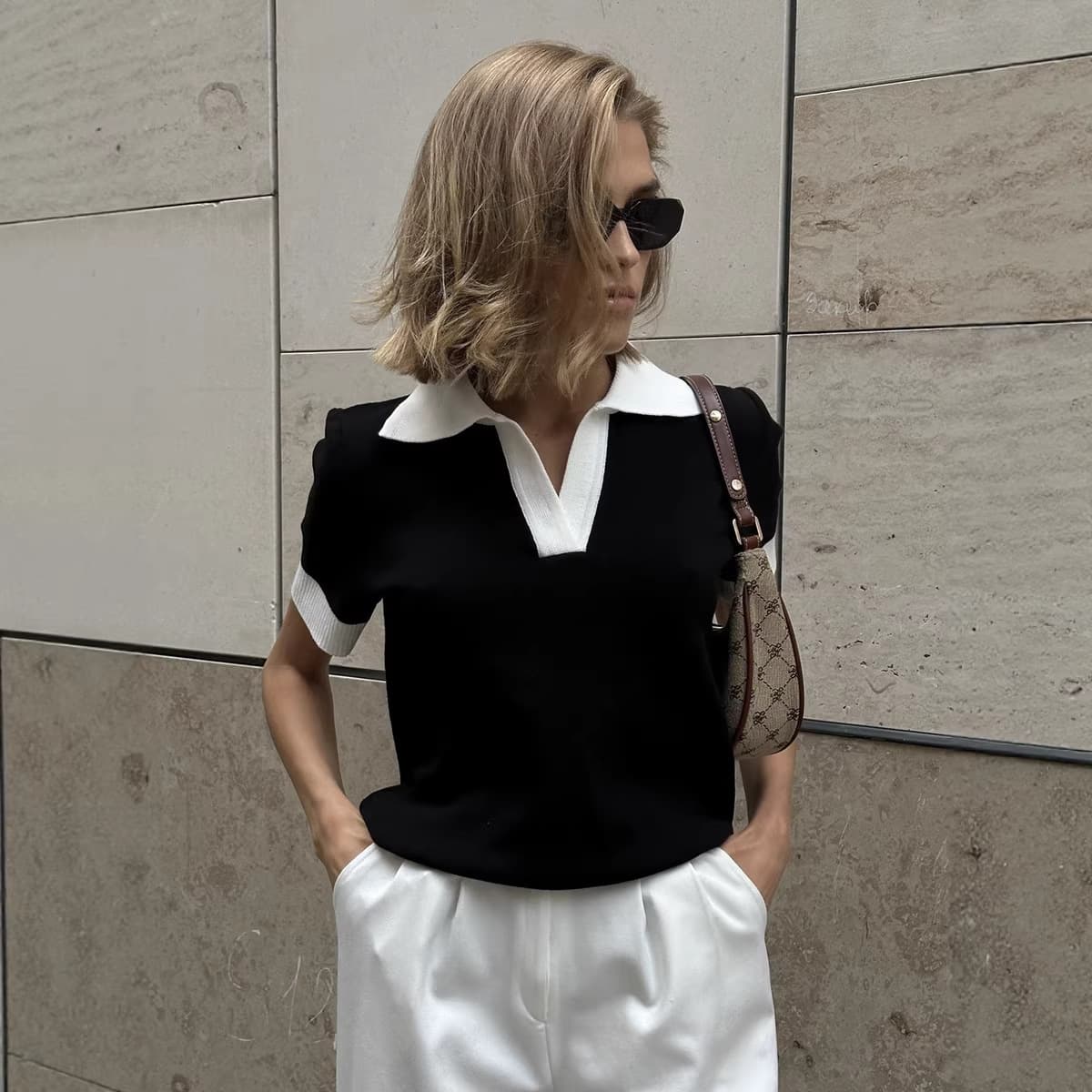 Cross-border Short-sleeve Knit Top, European and American 2026 Summer New Style, Elegant Commuter Polo Neck Contrast Color Loose Knit Blouse