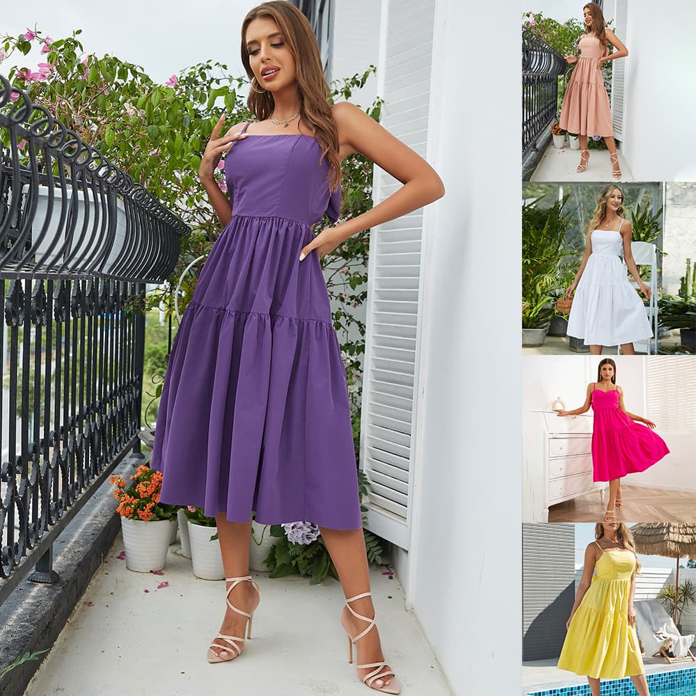 Bohemian Style Summer Dress with Butterfly Knot Strap Long Skirt Wide Hemline Holiday Wear Polyester Fabric High Waist One Shoulder Sleeveless