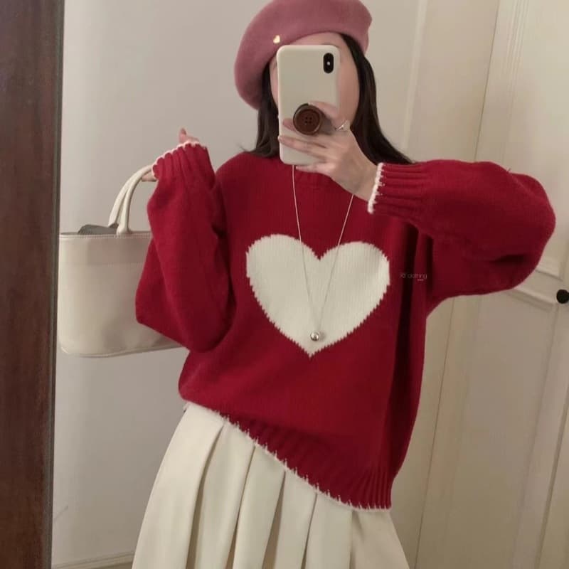 Love Contrast Color Pullover Sweater for Women Early Autumn 2025 New Lazy Style Round Neck Soft Loose Knit Top
