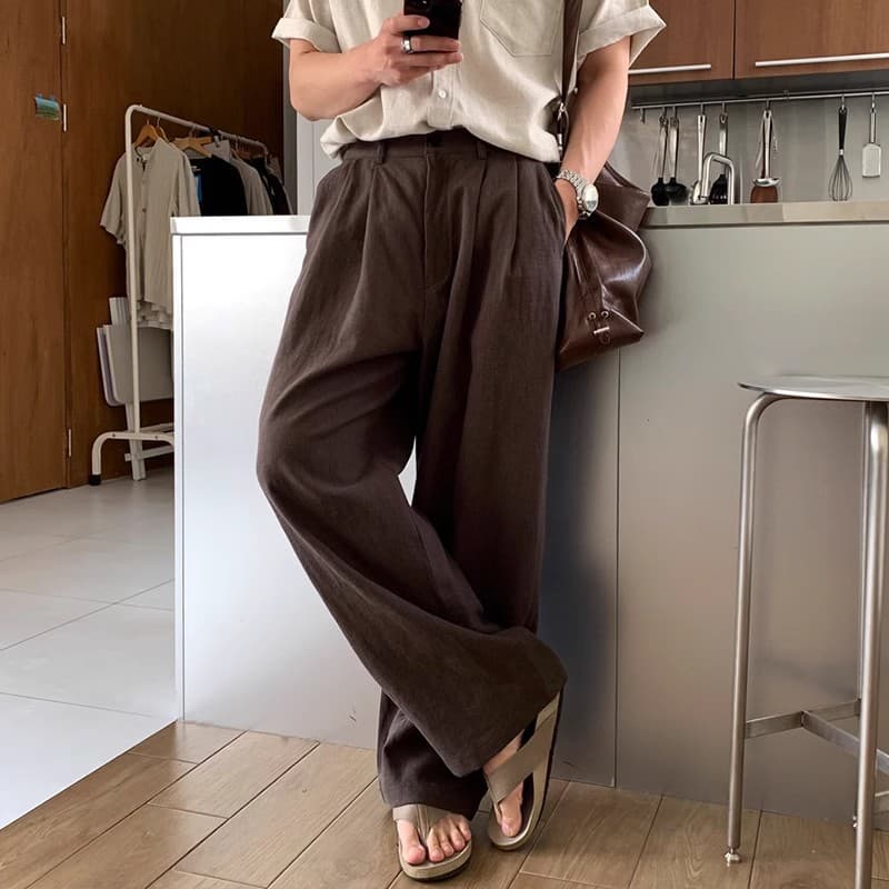 Brown 'Slim Cotton Linen' Men's Casual Pants High-End Loose Straight Wide Leg Trousers Trendy Long Pants Versatile