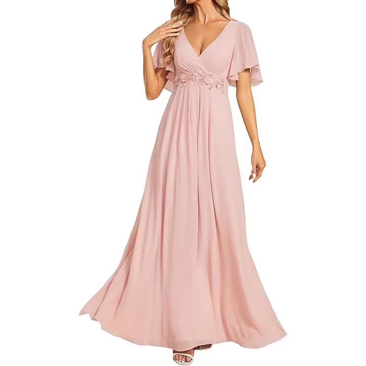 Amazon 2026 Cross-Border Chiffon Women's Solid V-Neck Long Dress Bridesmaid Dress for Europe and America