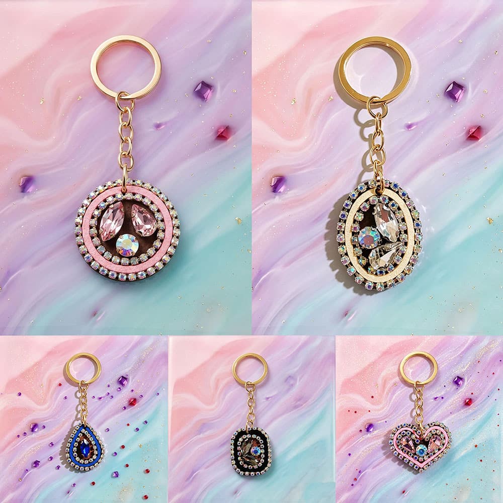 Source wholesale light luxury leather rhinestone keychains, handmade geometric shape bag decorations, women's jewelry gifts