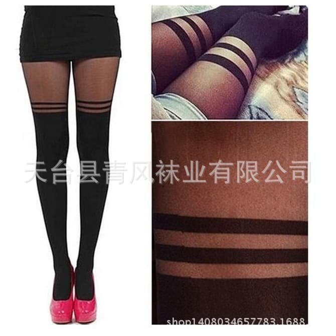 Spring Academic Style Stripes Patch Socks Fake High Socks Tights Fake Thigh High Socks Base Stockings Black Horizontal Stripes