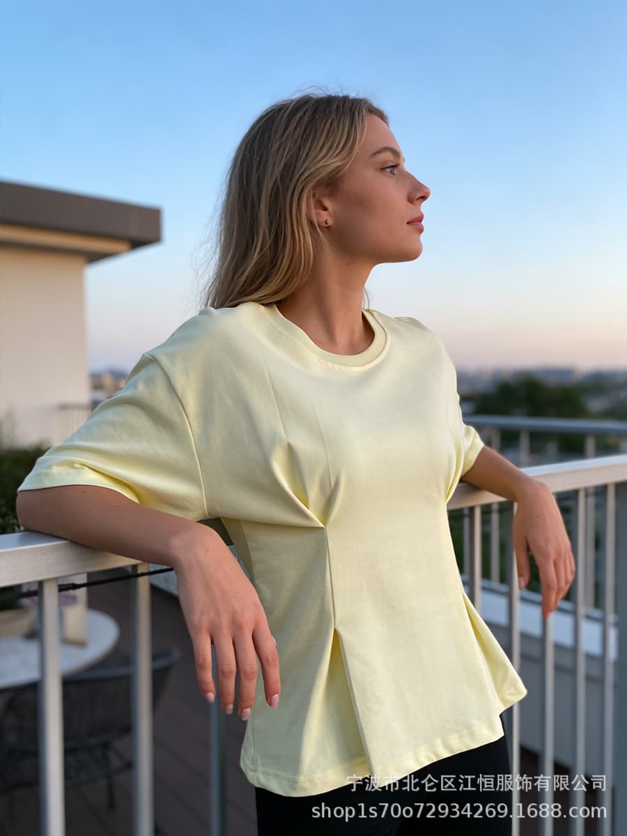 New Cross-Border Product: Waist-Cinching Pleated Short-Sleeve T-Shirt with Round Neck Design, Fitted Ruffle Hem, Versatile for Commute