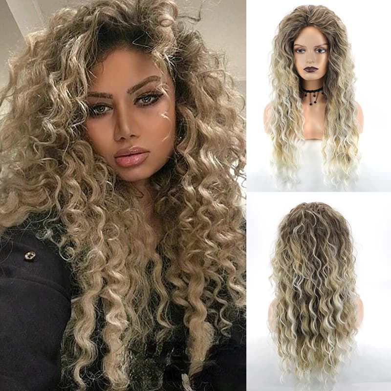 Women's Long Curly Wig, Fluffy Synthetic Wavy Hair, Gradient Blonde, Party Wig, Synthetic Fiber Wig