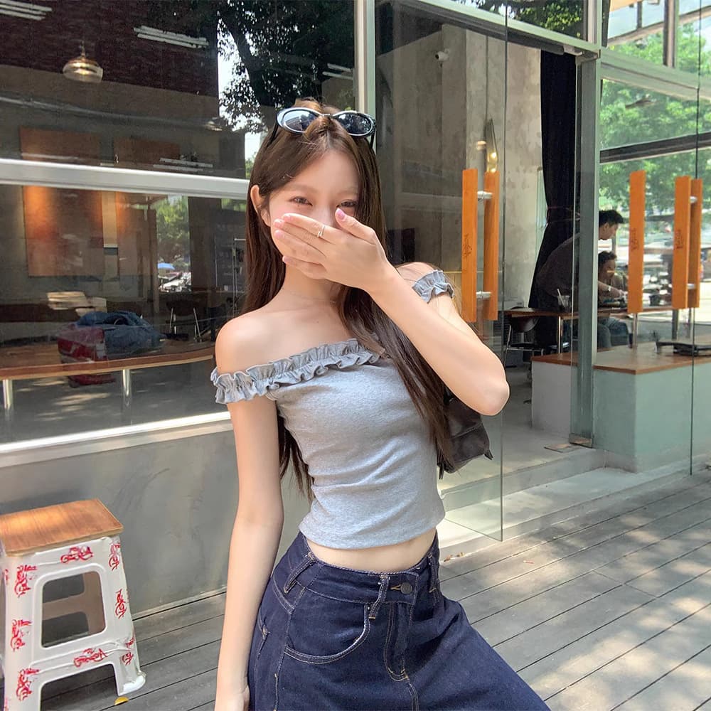 Design Sense Niche Ear Edge Off-Shoulder T-Shirt Women's Summer Shoulder Slim-Fit Short Sweet Spice Girl All-Match Top