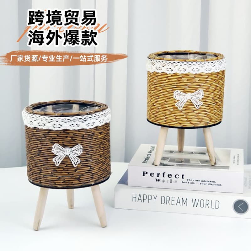 Cross-border imitation rattan handmade straw flower pots, woven flower baskets, rattan woven dried flowers, flower arrangements, floral arrangements, wooden legs, Nordic flower stands