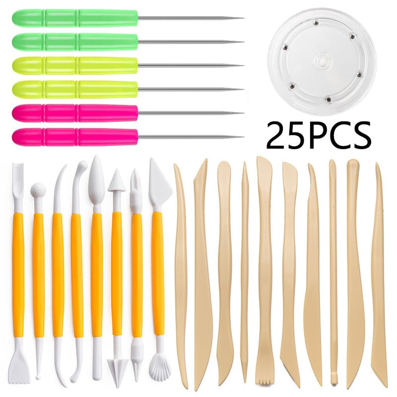 Handmade Acrylic Clay Sculpting Tools Kit 25pcs Pottery Tool Set Transparent Rotating Stage Detail Needle Carving Knife