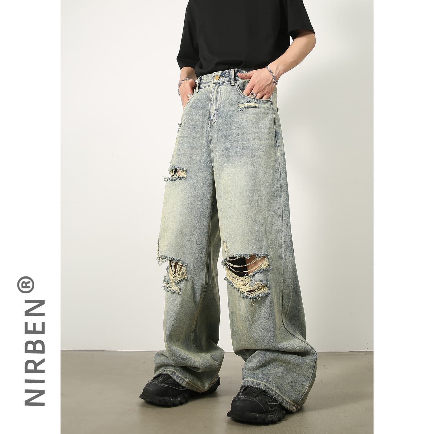 Nirben Denim | Korean Ripped Jeans Men's Washed Old Fashionable Retro Loose Wide Leg Pants