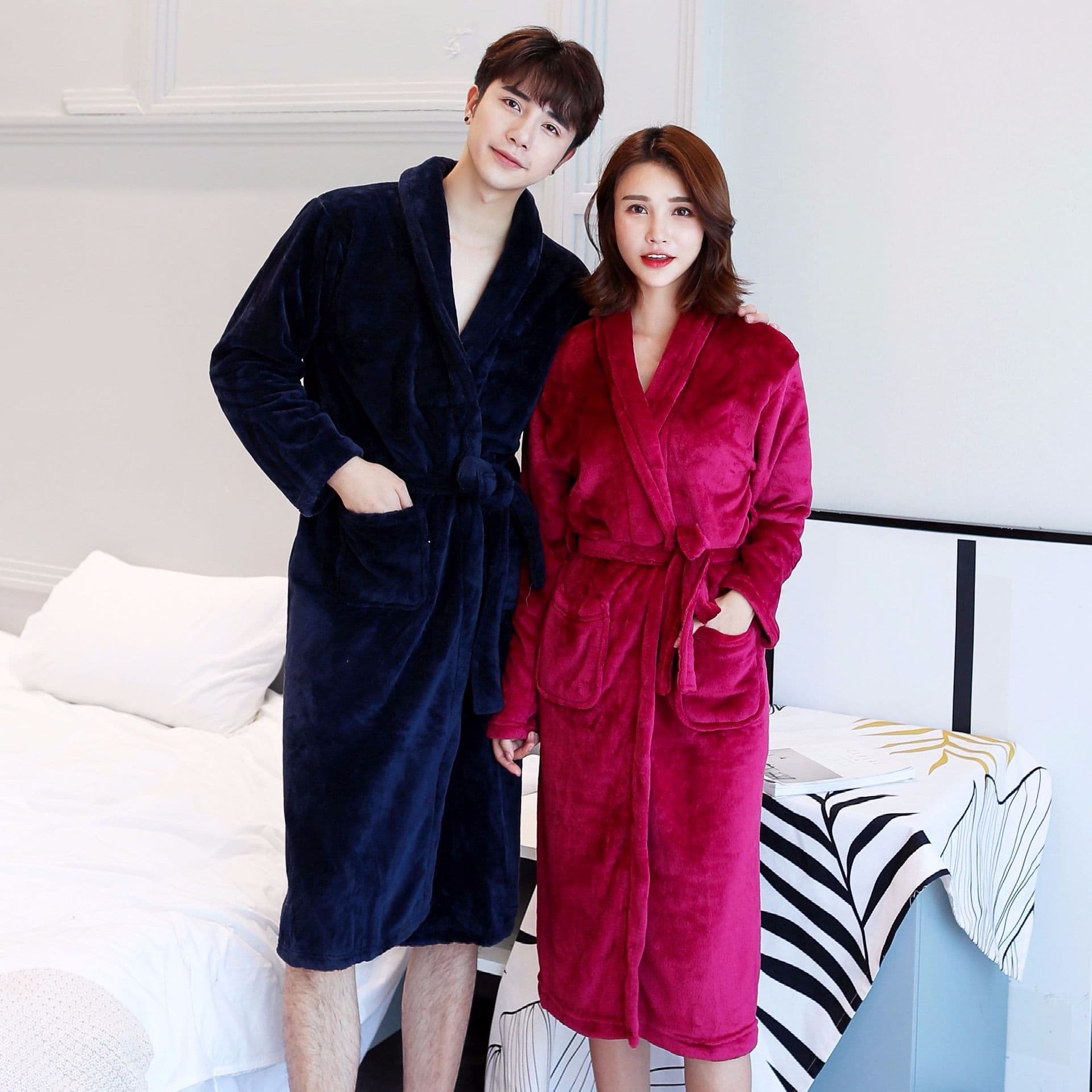Thickened Flannel Couple's Sleepwear Robe, Autumn/Winter Coral Fleece Homewear Long-Sleeve Unisex Bathrobe
