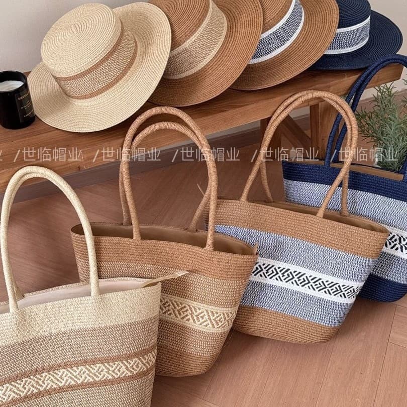 Hot New Bohemian Style Vacation Striped Color-Block Shoulder Bag and Straw Hat Women's Travel Woven Set