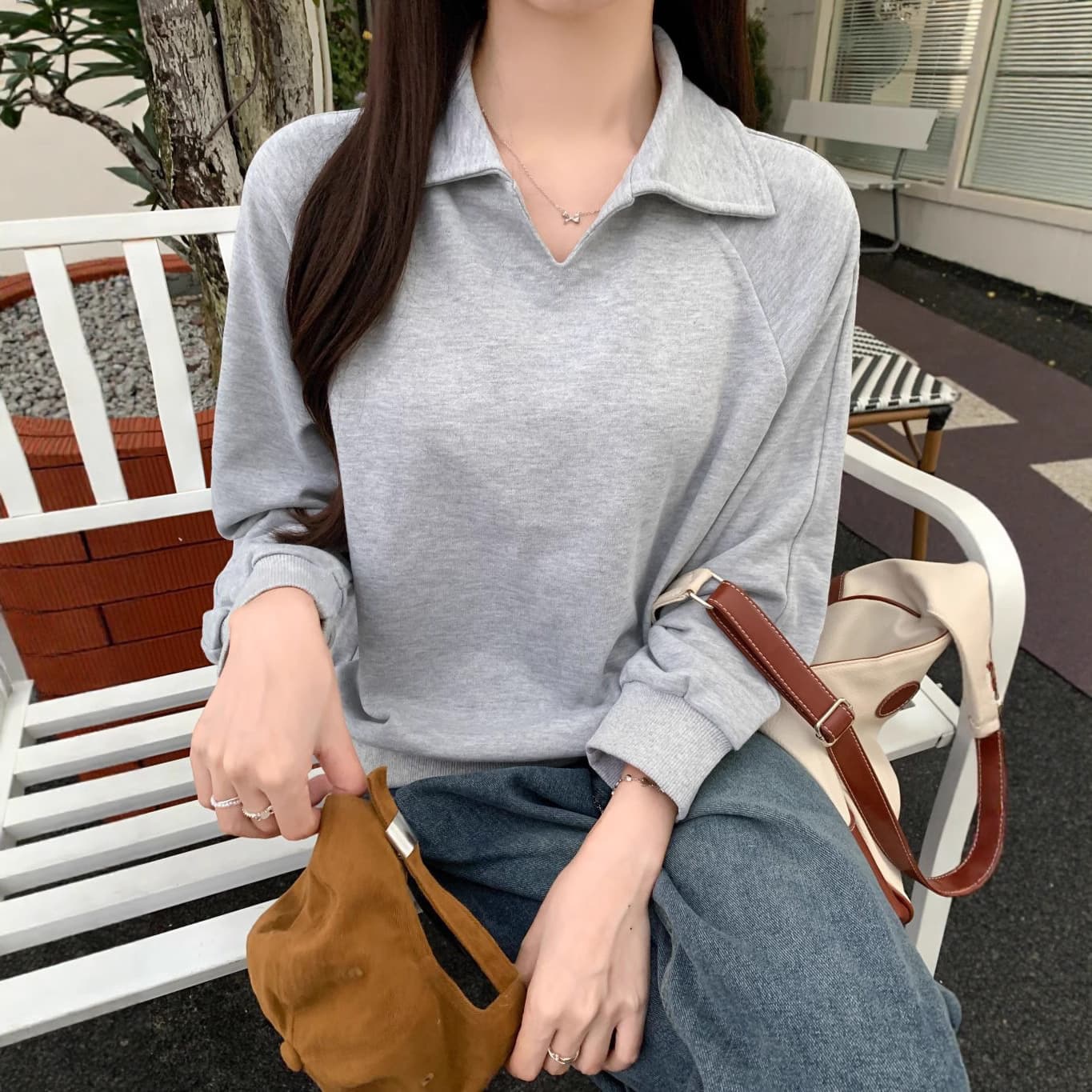 Cross-Border Autumn Women's Gray Long Sleeve Sweatshirt Vintage Versatile Solid Slim Fit Polo Neck Top High Quality Women's Clothing