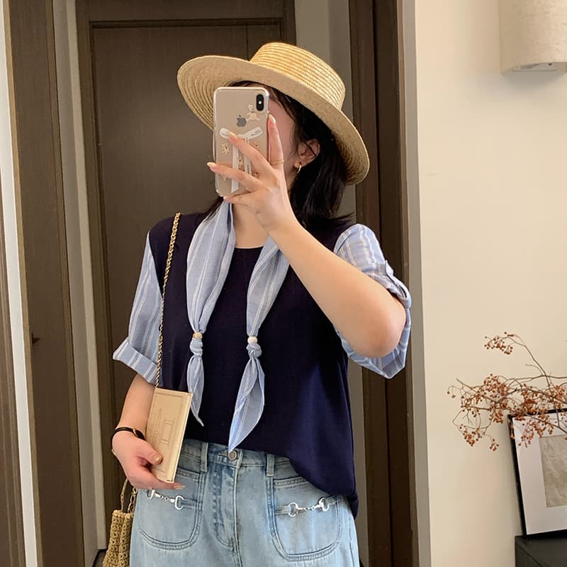 Aiyuan DD2026 Summer New Plus Size Women's T-Shirt for 200 lbs with Striped Design and Scarf 9320