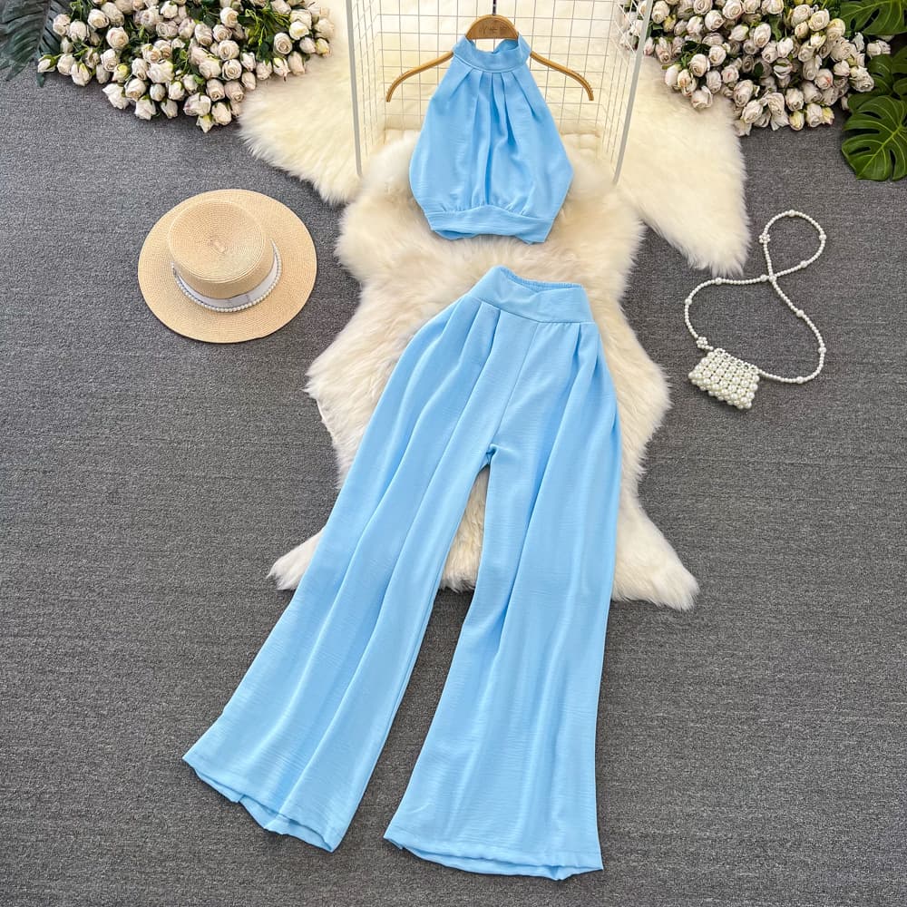 Beach Vacation Fashion Two-Piece Set Women's Halter Off-Shoulder Slim Vest Set High-Waist Straight Wide-Leg Pants