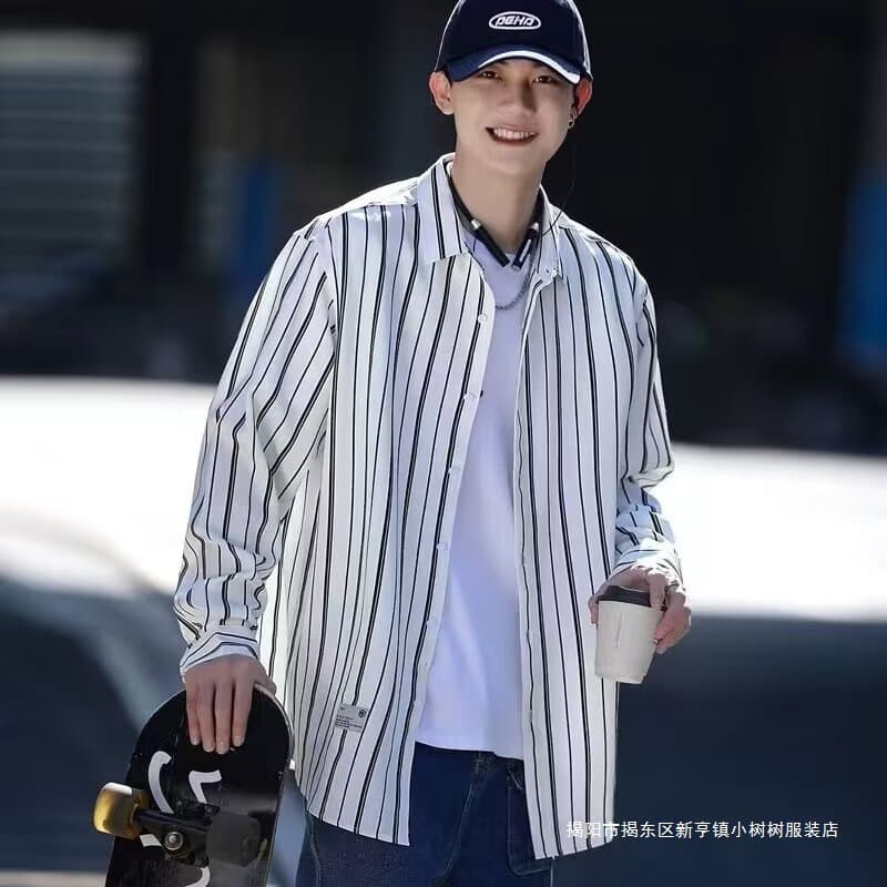 2024 New Casual Shirt for Men, Wrinkle-Resistant Flowy Loose Fit Top, Spring Japanese-Style Striped Stylish Shirt