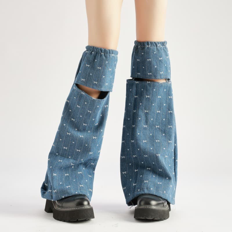 Denim Bow Stacking Socks for Women Spring Autumn Leg Warmers Leg Sleeves Open Leg Warmers Y2K Flared Calf Socks Mid-Calf