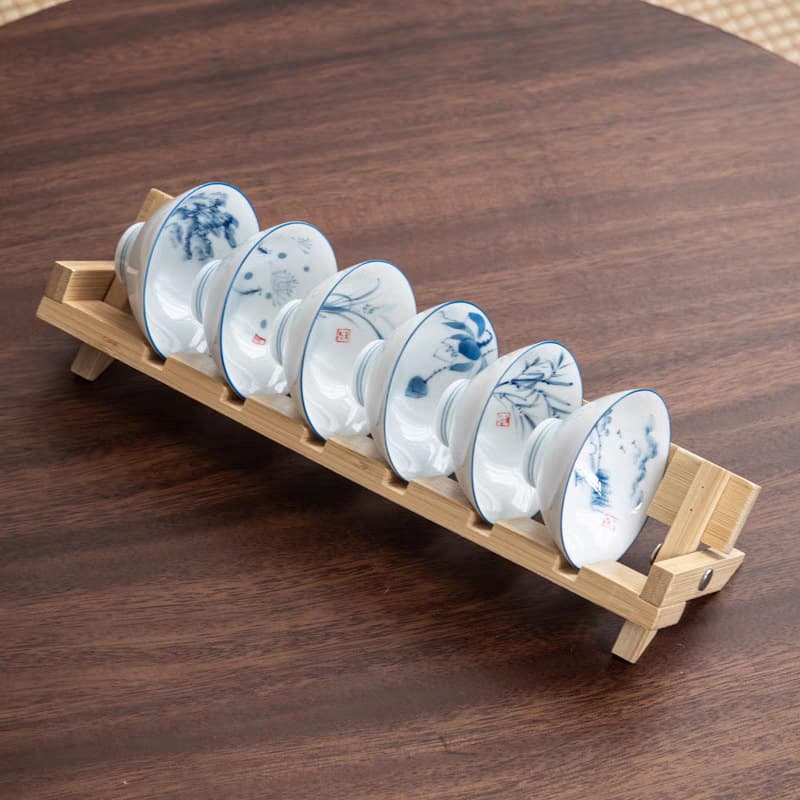Pure hand-painted ceramic bamboo hat cup mutton fat jade blue and white Kung Fu small tea cup drinking tea bowl 6 pieces with cup holder for home entertaining