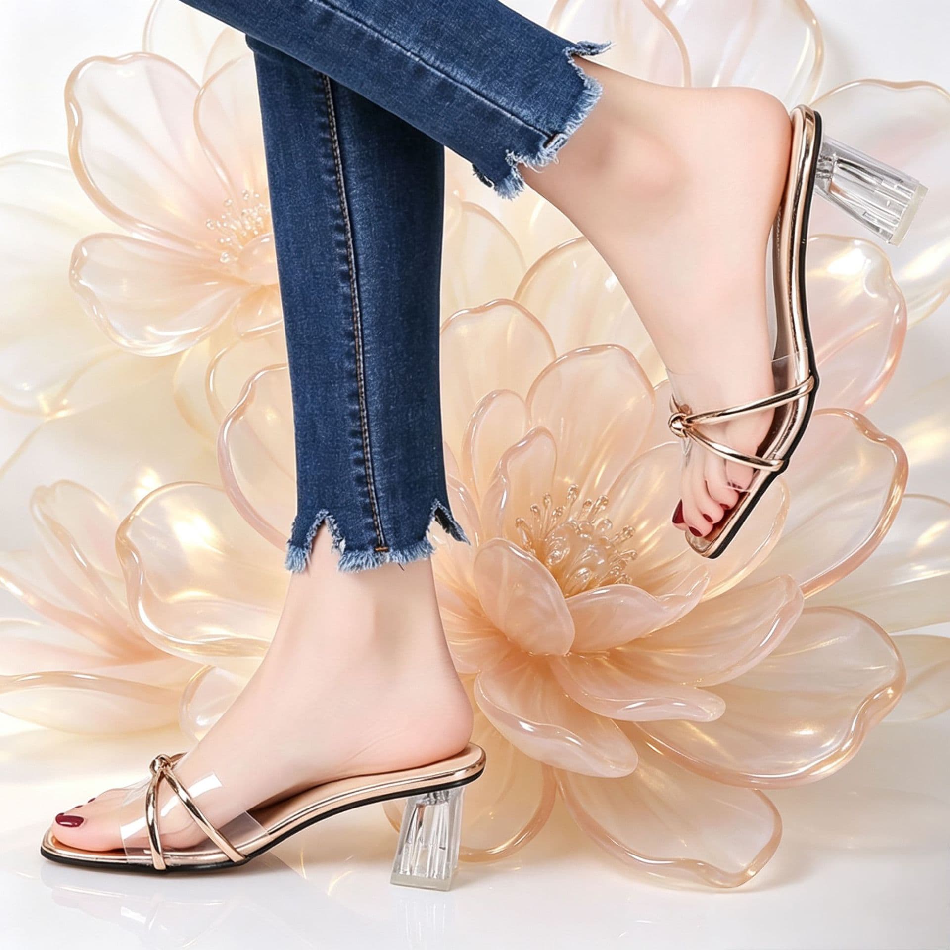 Transparent Chunky Heel Sandals for Women Summer Outdoor One-Strap Crystal High Heel Slippers Trendy Rose Gold Square Toe Mules