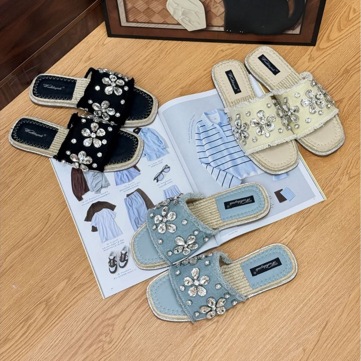 2026 New Cross-Border Summer Rhinestone Versatile Straw Espadrille Women's Shoes Open-Toe Single-Strap Heel Sandals Women's Slippers Flats