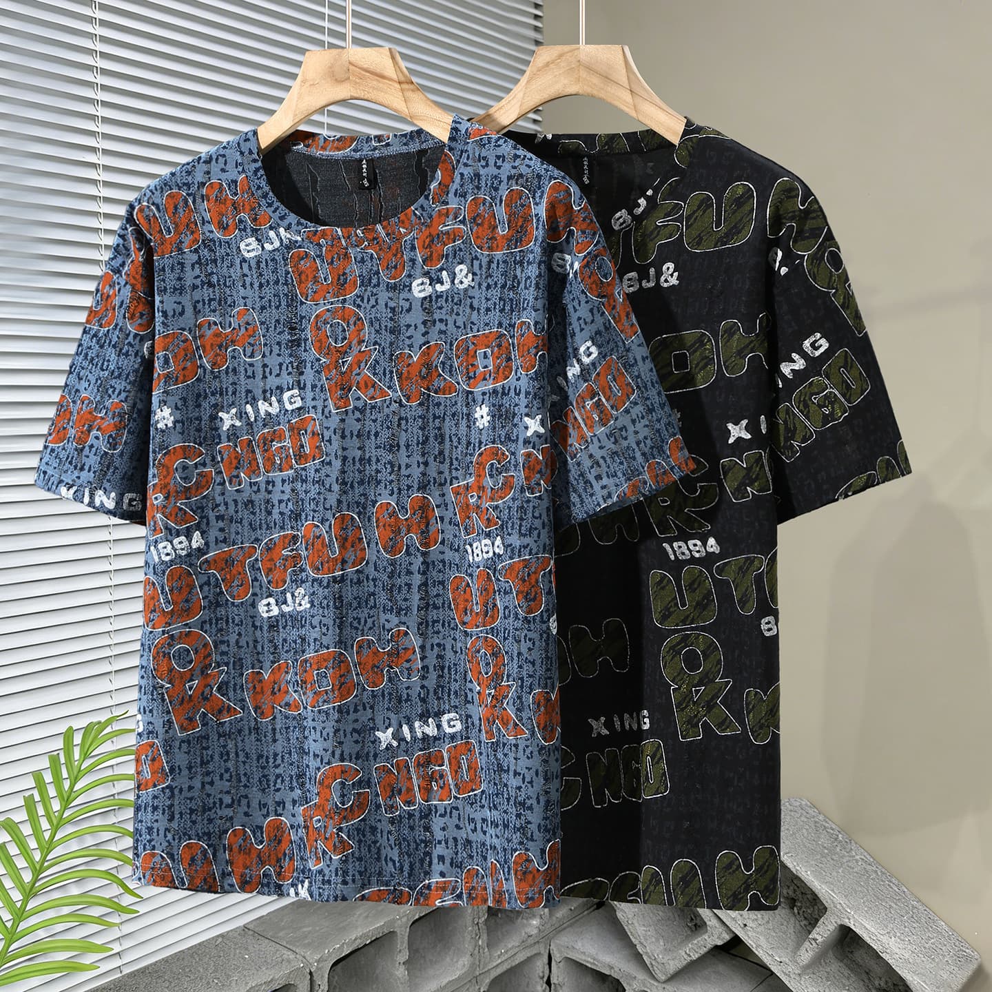 Plus size plus size men's summer ripped sequin letter printed t-shirt fat loose casual round neck half sleeve trendy