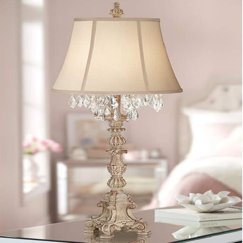 French Country Vintage Wood Art Carved Table Lamp Crystal Villa Living Room Study Bedroom Bedside Decorative Floor Lamp