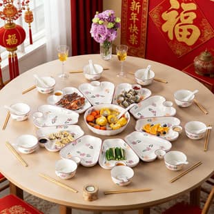 Ceramic Platter Set Under-Glaze Color Serving with Dipping Dish Household Banquet Restaurant Round Table Plate Bowl Clay Pot
