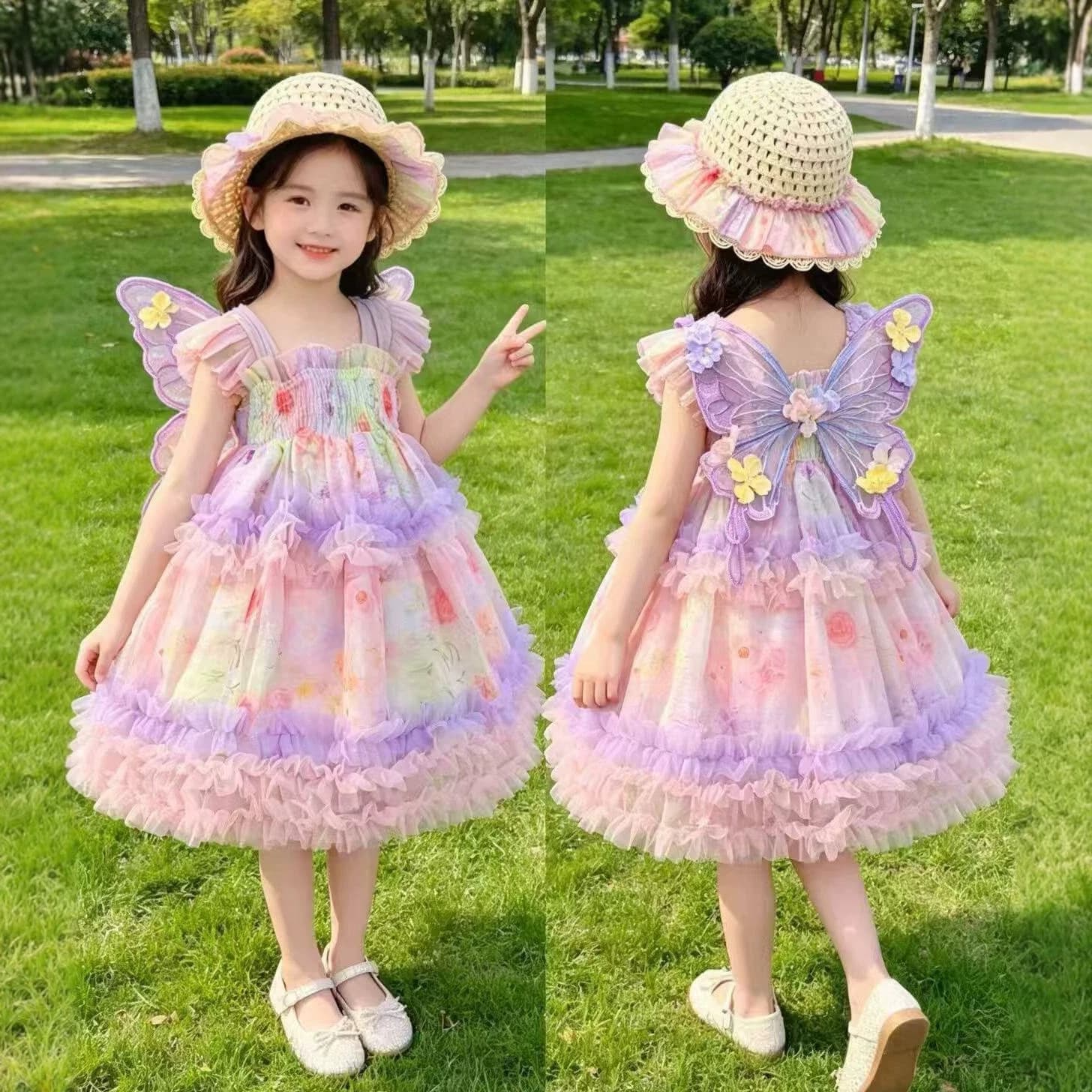 2025 Girls Summer Dress Children's Fashion Butterfly Strap Dress Tutu Princess Dress