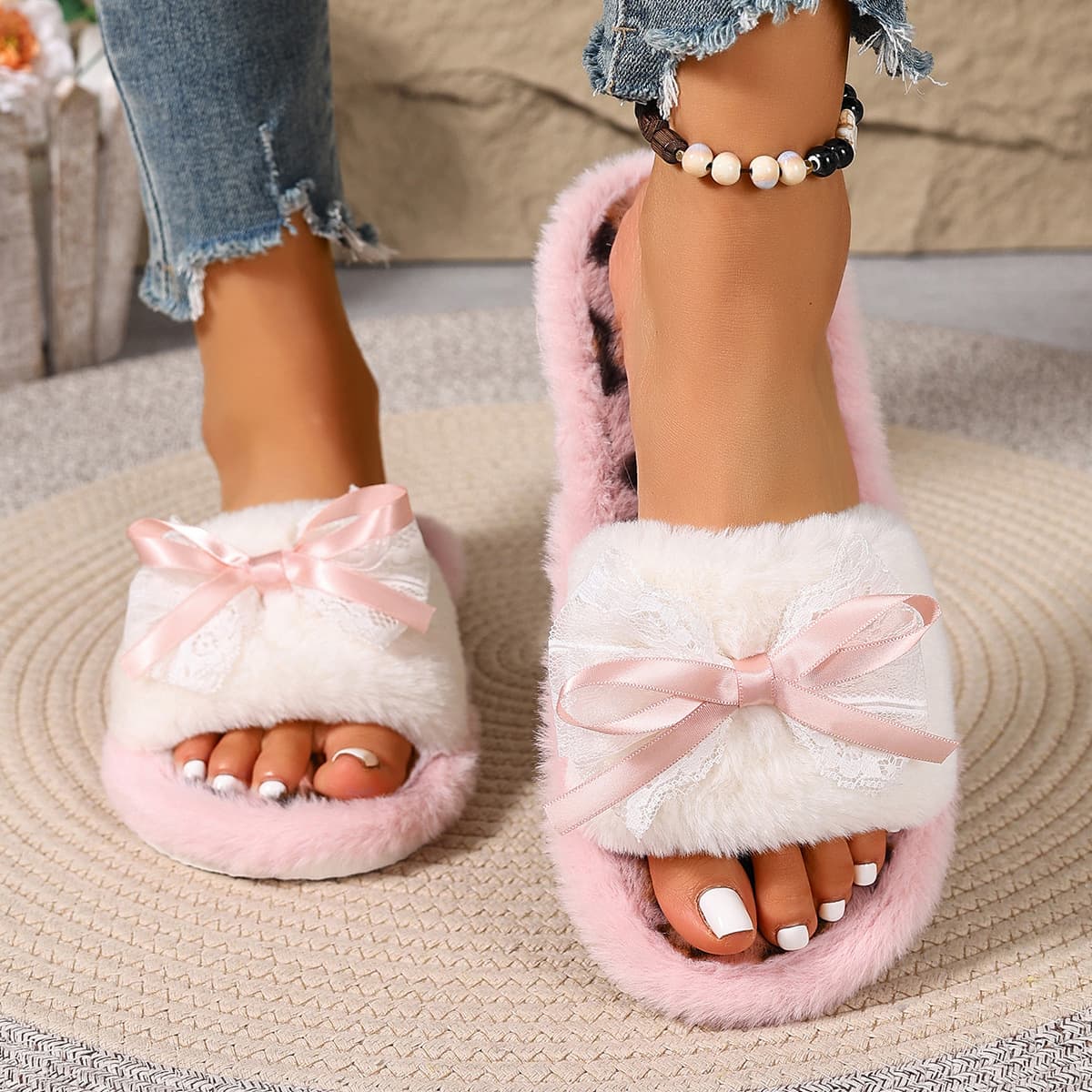 Cross-border Amazon Lace Bow Cotton Slippers for Women, Girls' Furry Slippers, Leopard Print Plush Slippers Wholesale