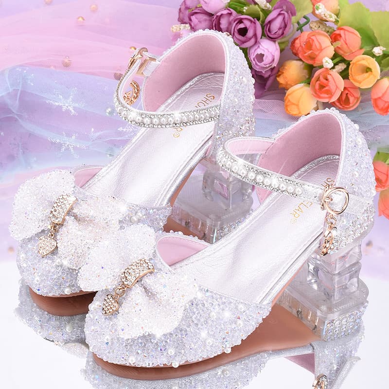 Princess Shoes for Girls, Soft Sole Children's White Dress Flower Girl Shoes, Little Girl Catwalk Performance Pearl Crystal High Heels