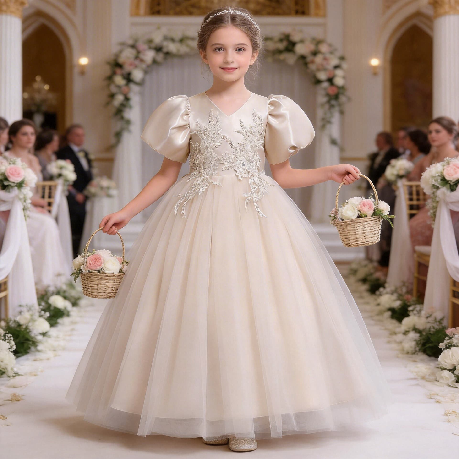 European and American Girls Long Formal Dress Hand-Sequined Tulle Princess Dress with Puff Short Sleeves for Birthday Party